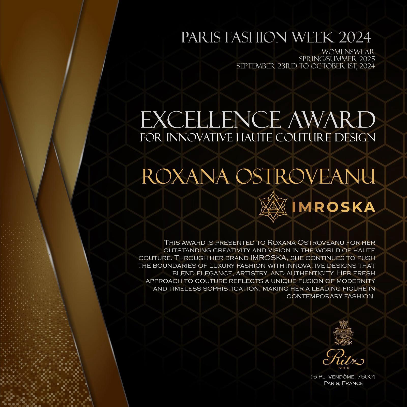 Roxana Ostroveanu Shines at Paris Fashion Week, winning the Excellence Award for IMROSKA
